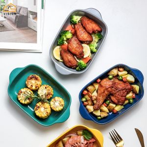 Vision Simple Ceramic Baking Pan Tray With Double Ear Nordic Style Dinner Plate Tray Large Size Baking Dish With Handle Microwave Oven Baking Square Baking Tray Tool Bakeware Baking Bowl Non-Stick Oven Safe Casserole Plate