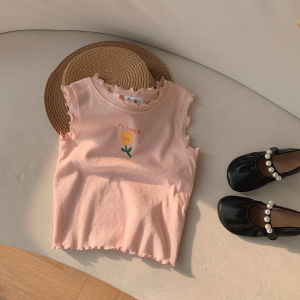 【2nd 50% off】Childrens Vest Summer Girls Cartoon Hollow T-shirt Baby Broad Printed Sleeveless Lace Top