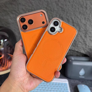 Anti-fingerprint Leather Case for iPhone 17 Pro Max 16 15 Orange Full Coverage Plating Phone Cases Luxury Pu Back Cover