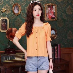 AMMIN เสื้อเบลาส์ชีฟองแขนสั้นคอรอยจีบพองฟูสไตล์ฝรั่งเศสใหม่สำหรับฤดูร้อนปี2024เสื้อหรูหราแขนพองสวยหวานเก๋ไก๋