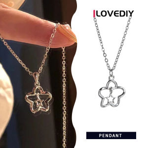 [ILOVEDIY] Silver Hollow Star Necklace Fashion Millennium Hollow Star Pendant Stainless Steel Simple Collarbone Chain Women Fashion Line Necklace