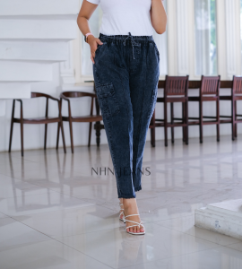 NHN JEANS - Celana Jeans Baggy Pants Cargo Bawah Rawis PINGGANG FULL KARET VARIASI TALI AKTIF Jeans Cargo Baggy Pants Jeans Wanita L XL XXL