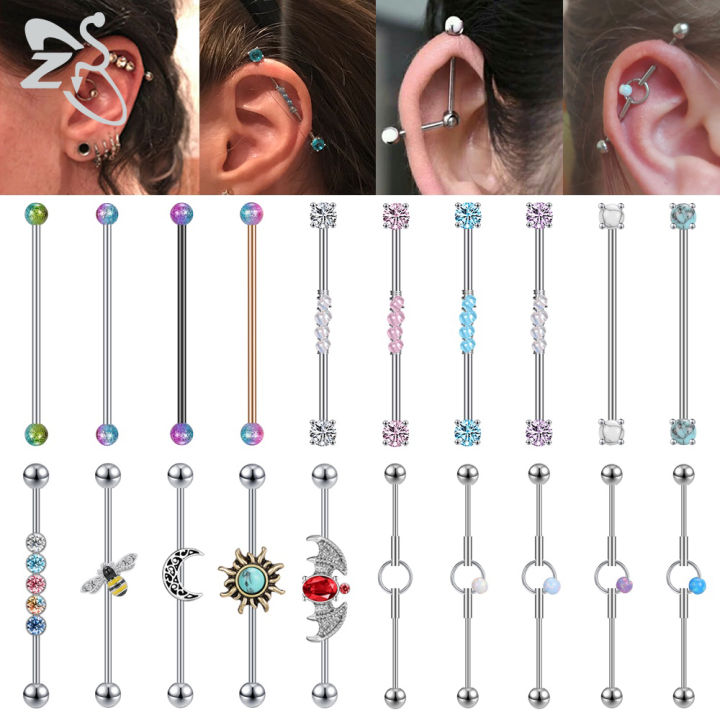 ZS 1PC 16G Cubic Zircon Stainless Steel Industrial Barbell Ring