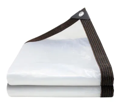 ผ้าใบ กันฝน สีใส มีตาไก่ ติดตั้งง่าย Transparent tarpaulin with eyelets for easy installation.