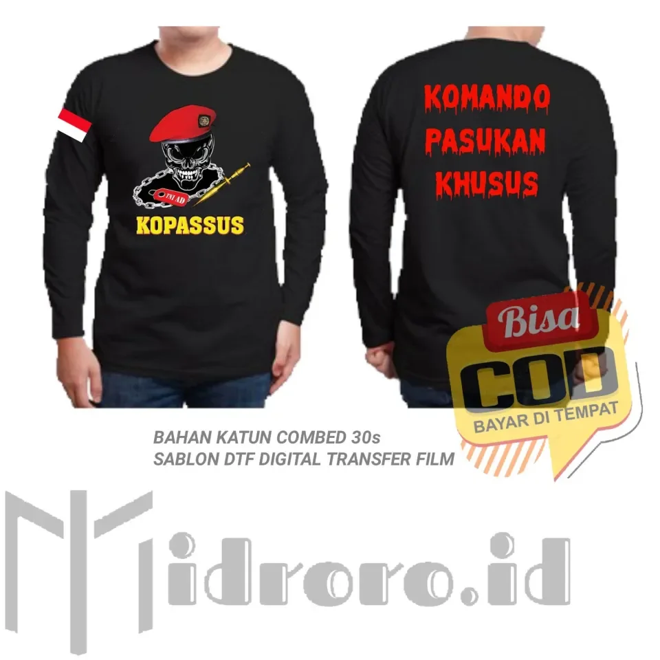 kaos terbaru kopassus full sablon hitam lengan panjang bisa custom gambar  atau nama katun combed 30s