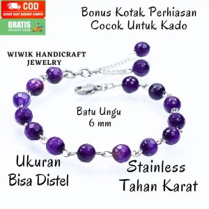 Gelang Tangan Wanita Gelang Cewek Stainless Tahan Karat Kado Hadiah Bracelet Batu Ungu 6mm Terbaru Kado Hadiah