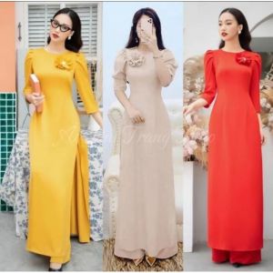 Áo Dài Truyền Thống Tay Bồng Đính Hoa Nổi Vải Tây Thi Hàng May Sẵn 3 Tông Màu Vàng Be Đỏ