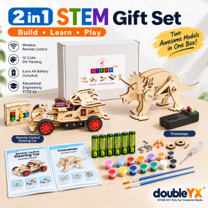 STEM 2-in-1 DIY Kit Build Learn Play Wooden Triceratops and Car Models with Tools Paints Batteries