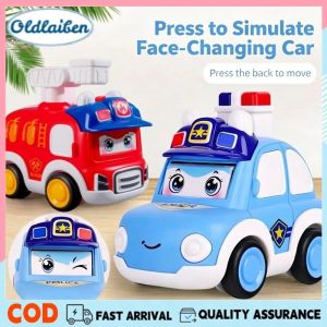 Kids Toy Vehicle Set Police Car Fire Truck Push And Go Inertia Cartoon Face Change Durable Plastic Gift