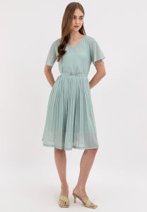 V-Neck Belted Electric Pleats Skirt Dress