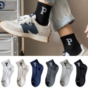 EFKS130 Kaos Kaki Pria Wanita Panjang Setinggi Betis Huruf P New Kaos Kaki Dewasa Random 5 pcs