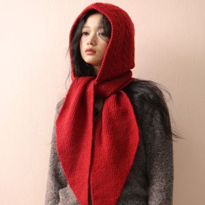 RGFV Solid Color Knitted Balaclava Hat Wool Blend Beanie Hat and Scarf 2-in-1 Fashion Warm Twists Hooded Cap Winter/Autumn