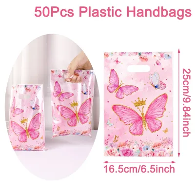 50pcs Pink Purple Butterfly Loot Bags Butterfly Theme Party Gift Bags Treat Bags Goodies Bag with Handles for Birthday Gift Wrapping Baby Shower Wedding Holiday Party Supplies