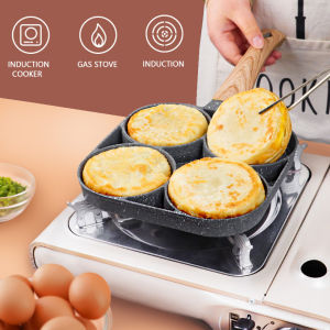 SI FANG 4-Cup Non Stick Egg Frying Pan 4 Holes Omelette Pan Small Pancake Egg Pan for Induction Hob and Gas Stove Aluminium Alloy Fried Egg Cooker Skillet With Wood Handle