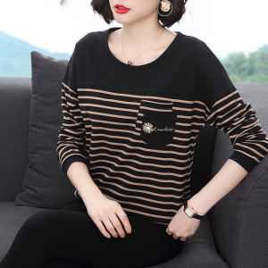 M-5XL Free Shipping New Stripe Long Sleeve T-shirts for Women: Korean Spring and Autumn Clothes Plus Size Loose Raglan Sleeve Pocket Little Daisy T-shirt Ladies Casual Tops