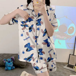 2Pcs Disney-Womens Stitch Pajamas Set Cinnamoroll Short Short Sleeve Cartoon Ice Silk Homewear Summer T-Shirt Casual Clothes