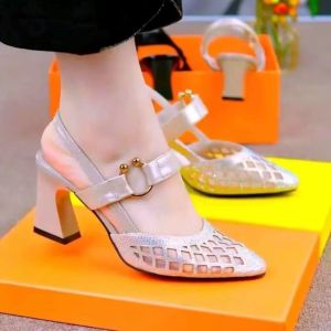 Free Shipping High-Heeled Genuine Leather Sandals With A Closed-Toe Design 2026 New Style Mid-Heel Chunky Heel Mesh WomenS Shoes Pointed-Toe Single-Strap WomenS Sandals