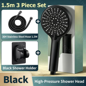 High Pressure Shower Head Set 12cm Large Panel 5-Mode Kepala Mandi with No-Drill Holder & Hose for Bathroom