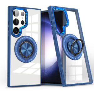 Kisscase Mạ sang trọng áo giáp HD trong suốt vỏ điện thoại cho Samsung S24 S23 Ultra S24 S23 cộng với s23fe với xoay giá đỡ vòng đứng bao gồm tất cả cứng PC chống mùa thu vỏ lưng chống sốc cho Samsung S24 S23