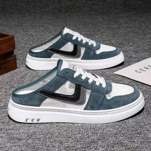 Mens canvas shoes summer 2023 new semi-slippers mesh breathable non-slip casual breathable