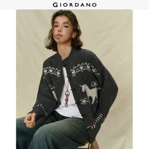 Giordano Women Knitted Sweater with Half-High Neck Unicorn Jacquard & Cardigan Placket Free Shipping 18355517