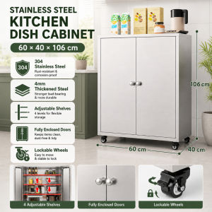 Stainless Steel Kitchen Storage Cabinet Dish Cupboard with Doors Adjustable Shelves Rolling Pantry Organizer for Plates Bowls Pots
