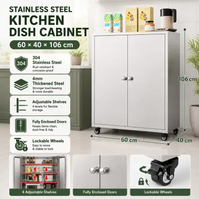 Stainless Steel Kitchen Storage Cabinet Dish Cupboard with Doors Adjustable Shelves Rolling Pantry Organizer for Plates Bowls Pots