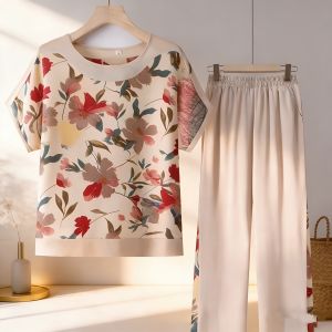 FunnyeS Womens Floral Leaf Print 2-Piece Outfit Round Neck Short Sleeve Top & Wide Leg Pants 2847