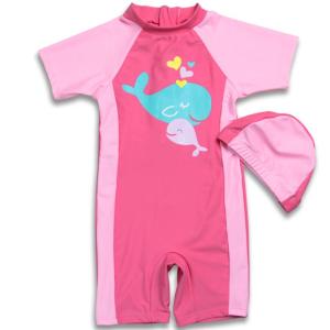 Kids Rash Guards Girls One Piece Swimsuit Pink & Whale Pattern Children Swimwear with Swimming Cap Swimming Suit For Infant Baby Sandy Beach Wear