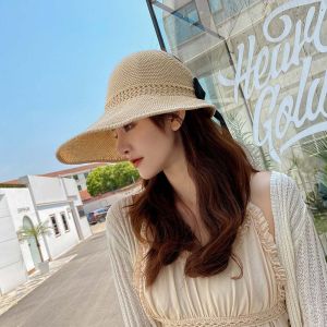 TKNUS bucket hat sun hats for womenWoman Foldable Handmade Sun Visor Sunscreen Holiday Straw Hat Bowknot Sun Cap Empty Top Hat