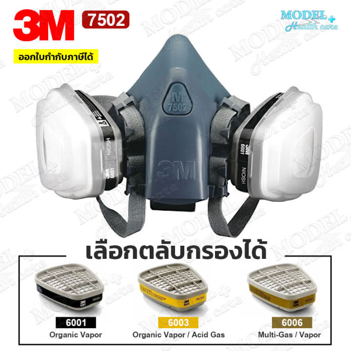 3M 7502 หน้ากากป้องกันสารเคมี ซิลิโคนนิ่ม พร้อมตลับกรอง