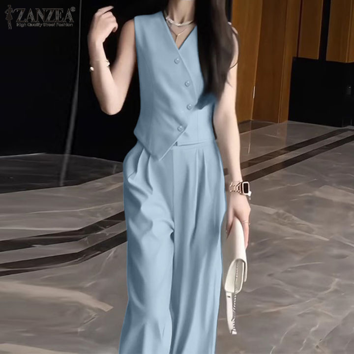ZANZEA%20Korean%20Style%20Womens%20Work%20Elegant%20Sets%20V%20Neck%20Irregular%20Buttons%20Waistcoats%20Wide%20Leg%20Trousers%20Solid%20Suits%20#0918%20-%20Image%202