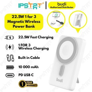 BUDI 10000 mAH 1 for 3 Magnetic Wireless Power Bank Built-in Cables