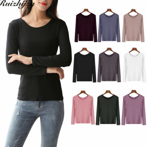 Ruizhijzg Ready Stock Plus Size 40-85KG Modal Cotton Long Sleeve T shirt For Woman Thin Style Tank Top Ladies Girls Slim Fit Round neck T shirts Plain Color Top
