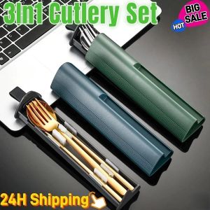 3In1 Portable Stainless Steel Metal Cutlery Set Chopsticks Spoon and Fork with Box Case