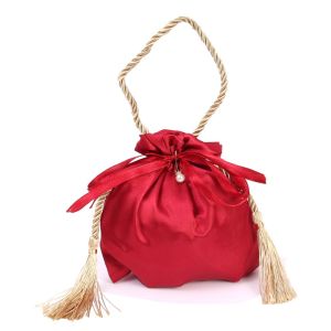 Red Candy Bag with Tassel Drawstring Pearl Cloth Pouch Chinese Wedding Guests Favors Christmas Birthday Party Decor Gift Packaging