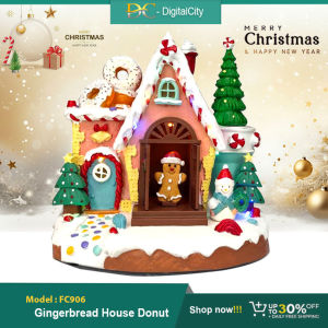 FC906 Gingerbread House Donut Christmas Decor with Lighted Gingerbread Man and Snowman