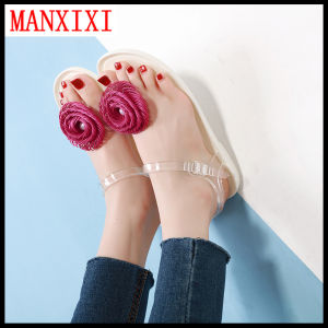 MANXIXI Brand Korean Version Beautiful Jelly Flat Sandals Pearl Flowers Inlay Shoes For Women （35-40 Size）