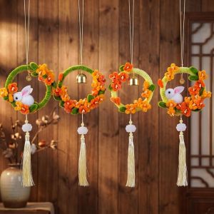 YOUTH HOME Unfinished Cartoon Rabbit Wreath Pendant Round Wreath Yutu Shape Wreath DIY Material Package Art Supplies Handmade Rabbit Wall Hanging Wreath Home Decoration