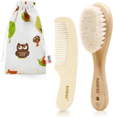 haakaa Baby Hair Brush and Comb Set for Newborns & Toddlers - Natural Soft Wool Bristles and Wooden Handle Gently Grooms Babys Hair Ideal for Cradle Cap Perfect Baby Gift 2pk