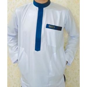 Alghin Exclusive Baju koko pria muslim putih full les biru Bahan Saudi premium polyester original panjang