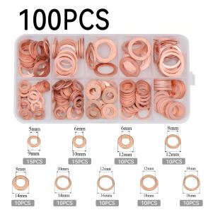 100/200/280PCS Copper Washer Assortment Set Solid Flat Copper Seal Gasket Oil Seal Flat Ring Plug Spacer Kit High Tensile Tembaga Gasket for Automotive Oil Drain Plug Pipeline Sealing & Mechanical Repair Use