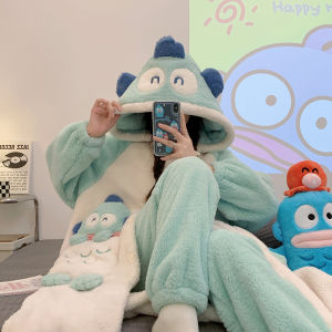 Sanrios Hangyodon Pajamas Woman Kawaii Anime Cartoon Autumn Winter Student Hooded Night-Robe Pants Coral Velvet Warm Loungewear