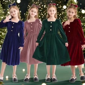 lontakids Girls Velvet Dress with Pockets Square Neck Long Sleeve Vintage Plain Christmas Birthday Wedding Party Dress with Hair Bow 5-12 Years