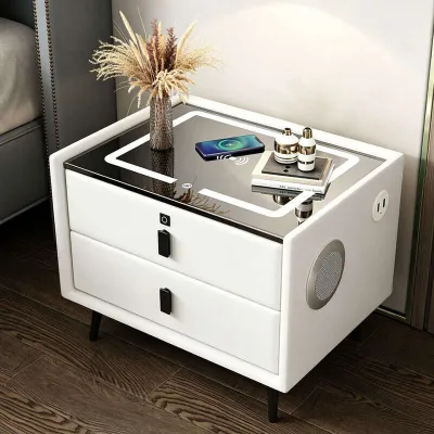 Cimion Smart Nightstand with Wireless Charger & Bluetooth Speaker 3-Color LED Mood Light USB Port Fingerprint Lock Bedside Cabinet