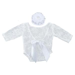 2 Pcs Newborn Photography Props Baby Boys Girls Lace Romper Flower Headband Set Lace Jumpsuit Bodysuit Floral Hairband