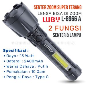 Senter LED Lensa Zoom Original LUBY L-8966A Senter Police Super Terang Senter Sorot Tahan 15 Jam Waterproof Fast Charging Cas USB Rechargeable Type-C Isi Ulang Tahan Lama