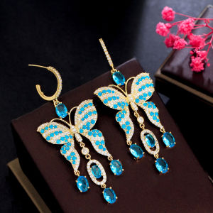 SEQUITO Korean Fashion Women Gold Color Jewelry Unique Frosted Light Blue Cubic Zircon Stone Round Hoop Butterfly Tassel Drop Evening Party Long Earring SE637