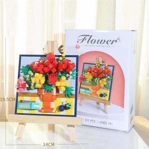 Toy Building Set Flowers Building Block Plant Picture with Beech Wood Easels Artificial Floral Botanical Set Home Office Decor Creative Gift