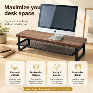 Office Desktop Computer Monitor Riser Laptop Stand Solid Wood Storage Shelf with Drawer